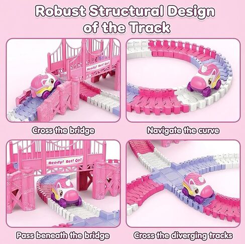 Race Car Tracks Toy Set for Girls Age 3-8, 214PCS Pink Princess Cars Toys with Monster Truck & Magic Bendable Train Tracks, Flexible DIY Raceway Set for Toddler Girls Christmas Birthday Gifts in Kuwait