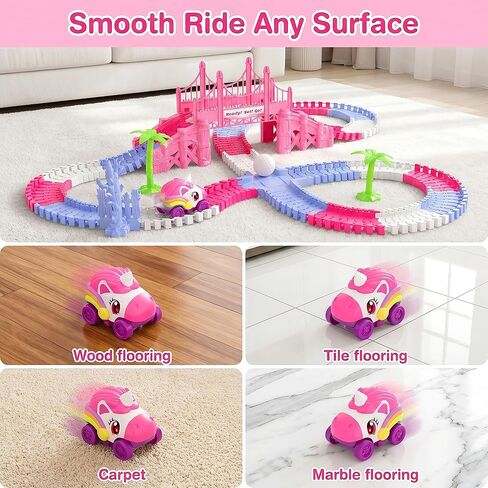 Race Car Tracks Toy Set for Girls Age 3-8, 214PCS Pink Princess Cars Toys with Monster Truck & Magic Bendable Train Tracks, Flexible DIY Raceway Set for Toddler Girls Christmas Birthday Gifts in Kuwait