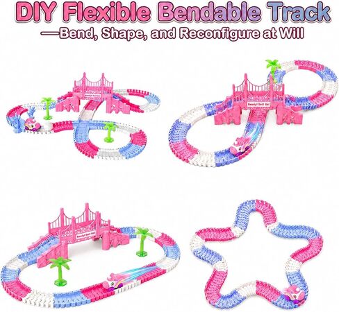 Race Car Tracks Toy Set for Girls Age 3-8, 214PCS Pink Princess Cars Toys with Monster Truck & Magic Bendable Train Tracks, Flexible DIY Raceway Set for Toddler Girls Christmas Birthday Gifts in Kuwait