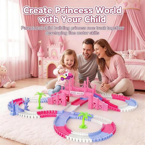 Race Car Tracks Toy Set for Girls Age 3-8, 214PCS Pink Princess Cars Toys with Monster Truck & Magic Bendable Train Tracks, Flexible DIY Raceway Set for Toddler Girls Christmas Birthday Gifts in Kuwait