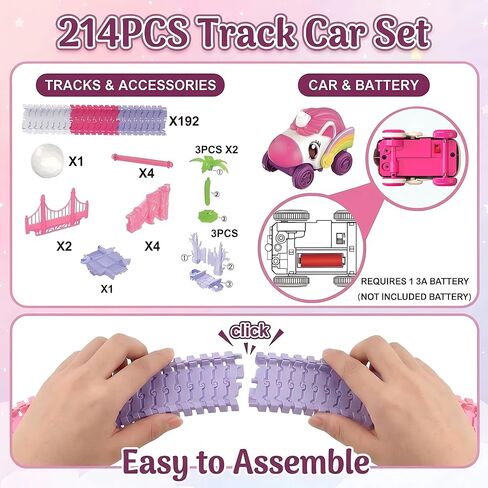 Race Car Tracks Toy Set for Girls Age 3-8, 214PCS Pink Princess Cars Toys with Monster Truck & Magic Bendable Train Tracks, Flexible DIY Raceway Set for Toddler Girls Christmas Birthday Gifts in Kuwait