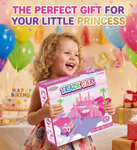 Race Car Tracks Toy Set for Girls Age 3-8, 214PCS Pink Princess Cars Toys with Monster Truck & Magic Bendable Train Tracks, Flexible DIY Raceway Set for Toddler Girls Christmas Birthday Gifts in Kuwait