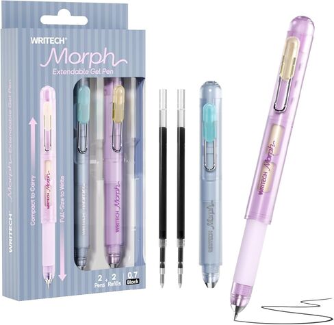 WRITECH Gel Pens Medium Point: Morph 0.7mm Black Ink Mini to Full Size Soft Grip Portable Extendable Pocket Pen Set with 2 Pens and 2 Refills in Kuwait