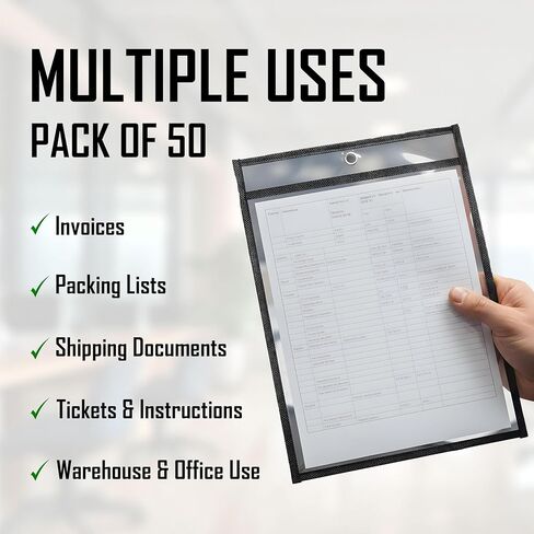 حزمة من 50 حامل تذاكر عمل مقاس 10x14 شديد التحمل، مقاس حرف 8.5 × 11، أكمام بلاستيكية شفافة وسوداء، أكمام مستندات معلقة، حاملات تذاكر متجر C-line مقاس 10x14 in Kuwait