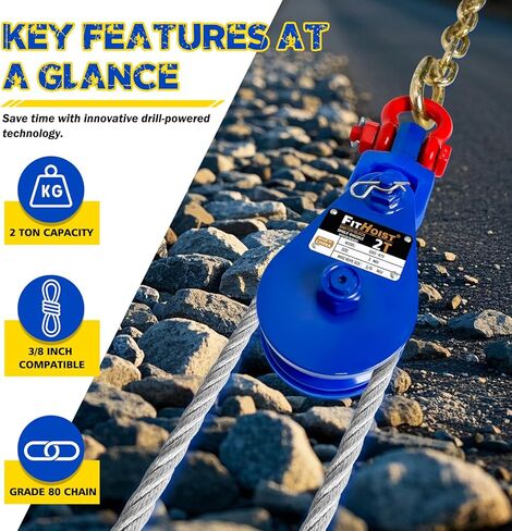 2 Ton Snatch Block with G80 Chain | 3'' Sheave for 3/8" Inch Wire Rope | Pulley Block with Shackle for Heavy Duty Towing and Recovery Equipment | Tow Truck Rollback Wrecker Car Hauler Winch in Kuwait