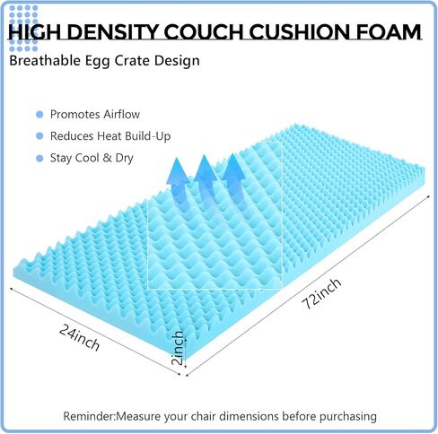 Gerrii 72" x 24" x 2" Couch Cushion Replacement Foam Pad, High Density 3 Density 44 Ild Egg Foam for Sofa Sagging Repair, Breathable Support Cut to Size for Couch, Upholstery, Mattress & DIY in Kuwait