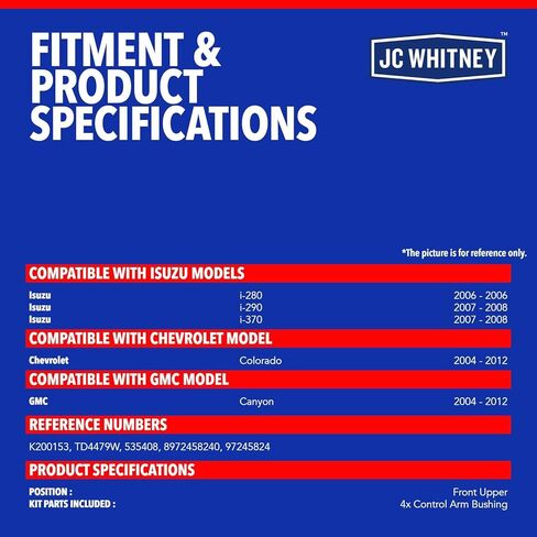 JC Whitney JFBAJCWCA00821 مجموعة من 4 بطانات ذراع التحكم (الجزء الأمامي العلوي) - متوافقة مع شيفروليه كولورادو 2004-2012، جي إم سي كانيون 2004-2012، ايسوزو i-280 2006، i-290 2007-2008، i-370 2007-2008 in Kuwait