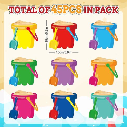 AnyDesign 45 Pcs Summer Bucket Cutouts Beach Sand Bucket Cut-Outs Colorful Beach Party Cardboard Paper Cutting with 100 Pcs Glue Points for DIY Crafts Party Classroom Bulletin Board Decor in Kuwait