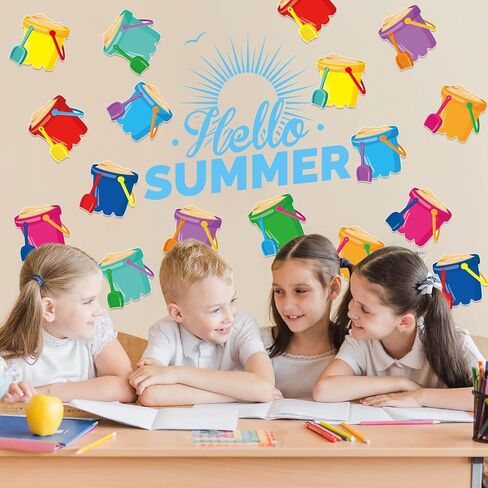 AnyDesign 45 Pcs Summer Bucket Cutouts Beach Sand Bucket Cut-Outs Colorful Beach Party Cardboard Paper Cutting with 100 Pcs Glue Points for DIY Crafts Party Classroom Bulletin Board Decor in Kuwait