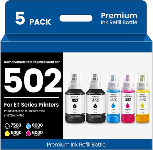 Remanufactured Replacement for 502 ET-2850 Ink Refill Bottles for Epson EcoTank Printer Ink ET-3850 ET-3760 ET-2750 ET-4850 ET-2760 ET-4760 Eco-Tank ET 2850 (5 Pack,2 Black Cyan Magenta Yellow) in Kuwait