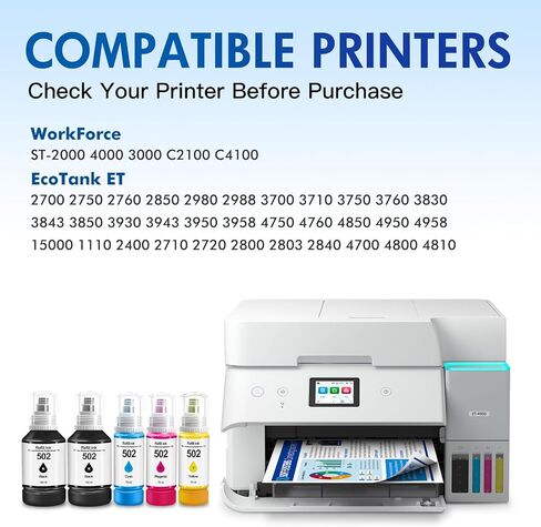 Remanufactured Replacement for 502 ET-2850 Ink Refill Bottles for Epson EcoTank Printer Ink ET-3850 ET-3760 ET-2750 ET-4850 ET-2760 ET-4760 Eco-Tank ET 2850 (5 Pack,2 Black Cyan Magenta Yellow) in Kuwait