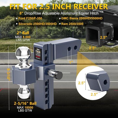 Adjustable Trailer Hitch, Drop Hitch for 2.5 Inch Receiver, 8 inch Aluminum Truck Hitch, 2 and 2-5/16 inch Balls, 18,500 LBLBS GTW, Two Anti-Theft Pins Locks in Kuwait
