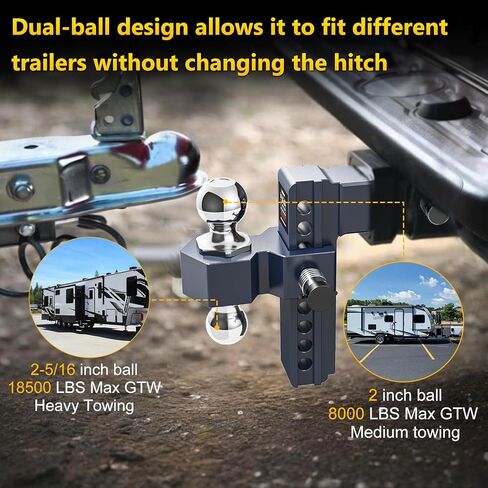 Adjustable Trailer Hitch, Drop Hitch for 2.5 Inch Receiver, 8 inch Aluminum Truck Hitch, 2 and 2-5/16 inch Balls, 18,500 LBLBS GTW, Two Anti-Theft Pins Locks in Kuwait