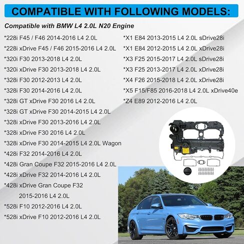 طقم غطاء صمام المحرك N20 مع حشية ومسامير وغطاء زيت متوافق مع 2012-2018 BMW 228i، 320i، 328i، 428i، 528i، X1، X3، X4، X5، Z4 (يتضمن نماذج GT/xDrive) يستبدل OEM # 11127588418 in Kuwait