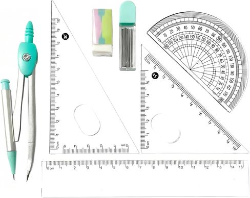 Protractor and Compass Set for School,Geometry Set,Compass Geometry Tool,7P Metal Compass Ruler Eraser Replacement Leads Blue in Kuwait