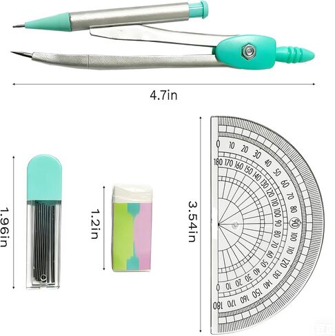Protractor and Compass Set for School,Geometry Set,Compass Geometry Tool,7P Metal Compass Ruler Eraser Replacement Leads Blue in Kuwait