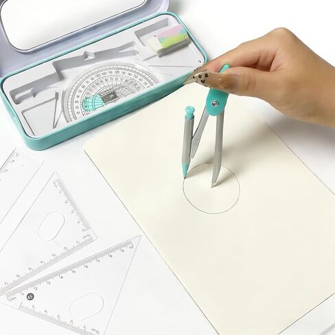 Protractor and Compass Set for School,Geometry Set,Compass Geometry Tool,7P Metal Compass Ruler Eraser Replacement Leads Blue in Kuwait