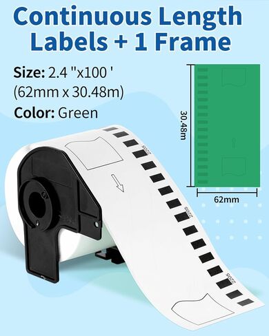Continuous Length Labels Replacement for Brother DK-2205 (2.4 in x 100 ft),Compatible with Brother QL QL-800, QL-810W, QL-820NWB Label Printers,6 Rolls + 1 Refillable Cartridge Frames, Green in Kuwait