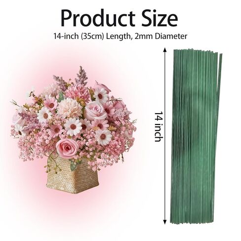 100 Pcs Floral Stem Wire 14 Inch 2 Gauge Green Flower Stems for Crafts DIY Bouquet Wreath Making Supplies in Kuwait
