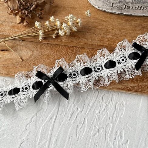 Black Bow and White Ruffled Lace Trim Length 2 Yards Width 1.5 Inch Polyester Fibre Floral Lace Ribbon Suitable for Sewing Handicrafts and Wedding Decorations in Kuwait