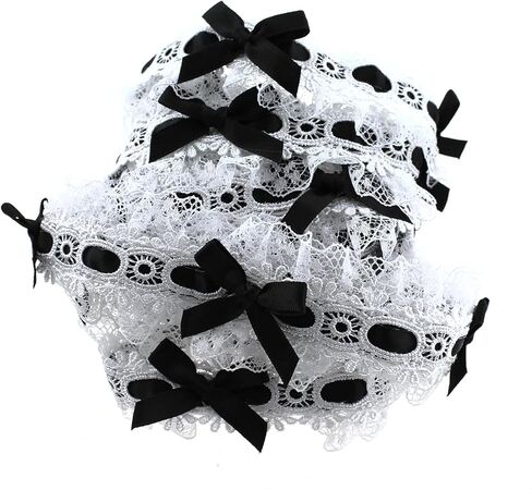 Black Bow and White Ruffled Lace Trim Length 2 Yards Width 1.5 Inch Polyester Fibre Floral Lace Ribbon Suitable for Sewing Handicrafts and Wedding Decorations in Kuwait