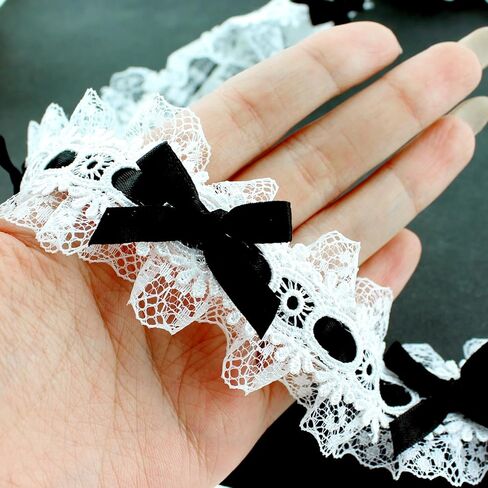 Black Bow and White Ruffled Lace Trim Length 2 Yards Width 1.5 Inch Polyester Fibre Floral Lace Ribbon Suitable for Sewing Handicrafts and Wedding Decorations in Kuwait