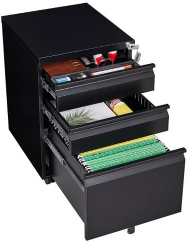 3-Drawer Mobile File Cabinet with Lock, 5 Wheels (2 with Brakes) Anti-Tip Metal Filing Cabinet, Fully Assembled Cold Rolled Steel with Pen Tray & Hanging Bar, Fits Letter/Legal/A4 for Home Office in Kuwait