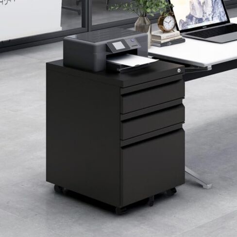 3-Drawer Mobile File Cabinet with Lock, 5 Wheels (2 with Brakes) Anti-Tip Metal Filing Cabinet, Fully Assembled Cold Rolled Steel with Pen Tray & Hanging Bar, Fits Letter/Legal/A4 for Home Office in Kuwait