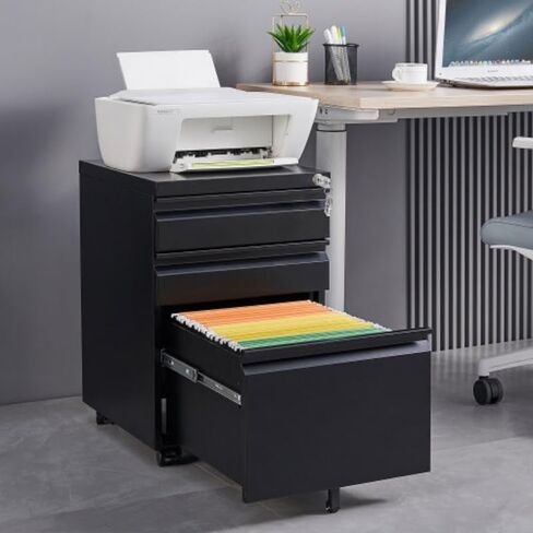 3-Drawer Mobile File Cabinet with Lock, 5 Wheels (2 with Brakes) Anti-Tip Metal Filing Cabinet, Fully Assembled Cold Rolled Steel with Pen Tray & Hanging Bar, Fits Letter/Legal/A4 for Home Office in Kuwait