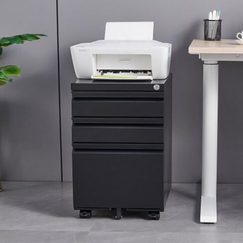 3-Drawer Mobile File Cabinet with Lock, 5 Wheels (2 with Brakes) Anti-Tip Metal Filing Cabinet, Fully Assembled Cold Rolled Steel with Pen Tray & Hanging Bar, Fits Letter/Legal/A4 for Home Office in Kuwait