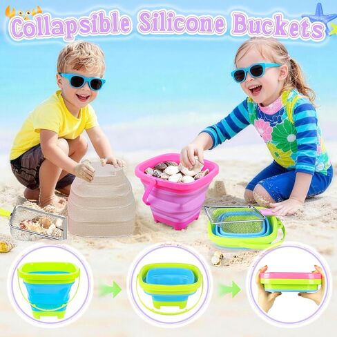 Meaicezli Beach Toys, 2 Packs Sand Toys for Shell Collecting, Collapsible Sand Buckets Shark Tooth Sifter and Mesh Bag, Shell Scooper for Beach Travel Essentials Kids Boys and Girls in Kuwait