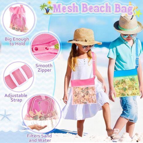 Meaicezli Beach Toys, 2 Packs Sand Toys for Shell Collecting, Collapsible Sand Buckets Shark Tooth Sifter and Mesh Bag, Shell Scooper for Beach Travel Essentials Kids Boys and Girls in Kuwait