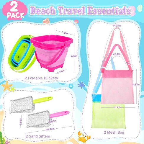 Meaicezli Beach Toys, 2 Packs Sand Toys for Shell Collecting, Collapsible Sand Buckets Shark Tooth Sifter and Mesh Bag, Shell Scooper for Beach Travel Essentials Kids Boys and Girls in Kuwait