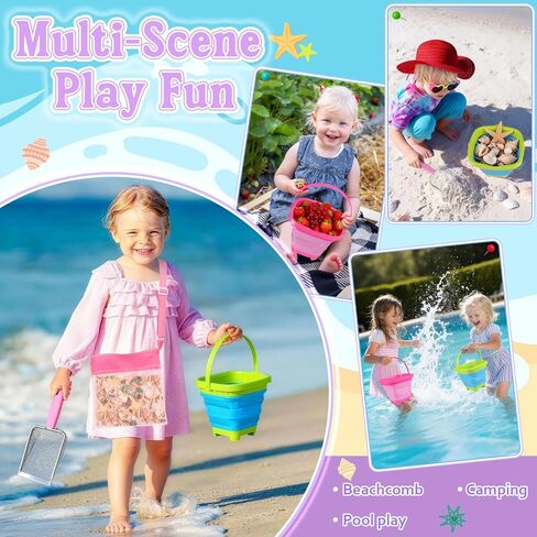 Meaicezli Beach Toys, 2 Packs Sand Toys for Shell Collecting, Collapsible Sand Buckets Shark Tooth Sifter and Mesh Bag, Shell Scooper for Beach Travel Essentials Kids Boys and Girls in Kuwait