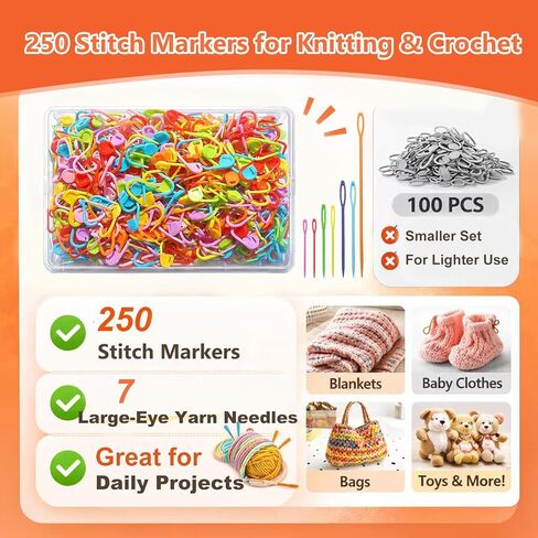 Suhfuib 250 PCS Stitch Markers for Crochet and Knitting, Locking Plastic Stitch Counter Clips, 7 Large-Eye Needles and Storage Case, Essential Crochet Accessories and Supplies for Amigurumi DIY Crafts in Kuwait