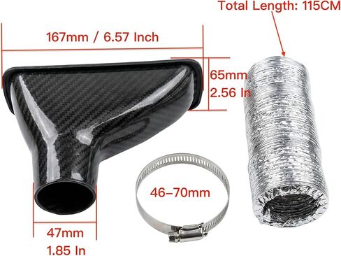 Universal Car Bumper Air Intake Duct Kit 167mm(6.57") Rectangular Carbon Fiber Style with 115cm(45") Flexible Hose and Clamp for Cold Air in Kuwait