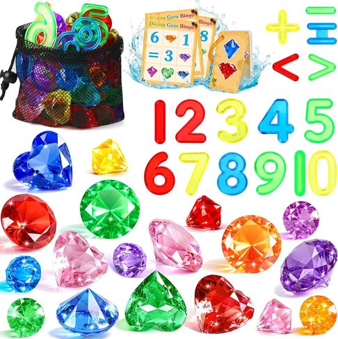 Meaicezli Pool Toys Diving Gems, 54 Pcs Search and Find Pool Games, Diving Toys with Dive Gems, Acrylic Numbers, Scavenger Hunt Game Cards & Mesh Bag, Fun Summer Water Party Favors for Kids 4-12 in Kuwait