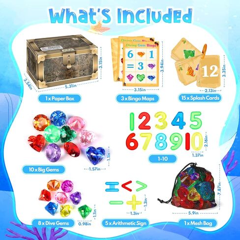 Meaicezli Pool Toys Diving Gems, 54 Pcs Search and Find Pool Games, Diving Toys with Dive Gems, Acrylic Numbers, Scavenger Hunt Game Cards & Mesh Bag, Fun Summer Water Party Favors for Kids 4-12 in Kuwait