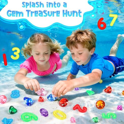 Meaicezli Pool Toys Diving Gems, 54 Pcs Search and Find Pool Games, Diving Toys with Dive Gems, Acrylic Numbers, Scavenger Hunt Game Cards & Mesh Bag, Fun Summer Water Party Favors for Kids 4-12 in Kuwait