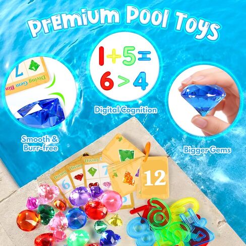 Meaicezli Pool Toys Diving Gems, 54 Pcs Search and Find Pool Games, Diving Toys with Dive Gems, Acrylic Numbers, Scavenger Hunt Game Cards & Mesh Bag, Fun Summer Water Party Favors for Kids 4-12 in Kuwait