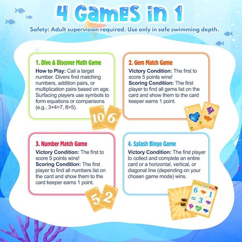 Meaicezli Pool Toys Diving Gems, 54 Pcs Search and Find Pool Games, Diving Toys with Dive Gems, Acrylic Numbers, Scavenger Hunt Game Cards & Mesh Bag, Fun Summer Water Party Favors for Kids 4-12 in Kuwait