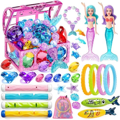 DISHIO Kids Diving Pool Toys Set with Treasure Chest, Sinking Swim Rings Sticks Sharks & Mermaid, Underwater Swimming Games Competition Toys with Bracelet Reward for Boys Girls Summer Toys in Kuwait