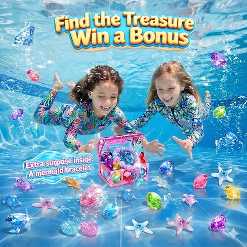 DISHIO Kids Diving Pool Toys Set with Treasure Chest, Sinking Swim Rings Sticks Sharks & Mermaid, Underwater Swimming Games Competition Toys with Bracelet Reward for Boys Girls Summer Toys in Kuwait