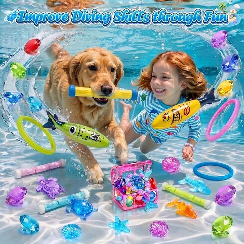 DISHIO Kids Diving Pool Toys Set with Treasure Chest, Sinking Swim Rings Sticks Sharks & Mermaid, Underwater Swimming Games Competition Toys with Bracelet Reward for Boys Girls Summer Toys in Kuwait