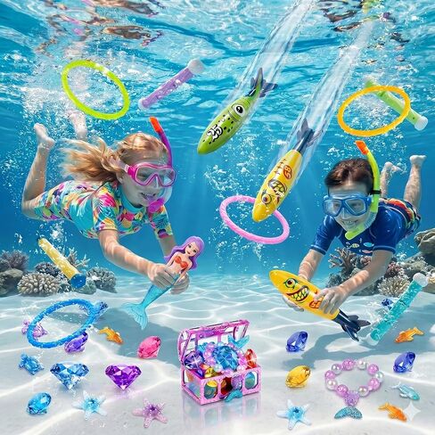 DISHIO Kids Diving Pool Toys Set with Treasure Chest, Sinking Swim Rings Sticks Sharks & Mermaid, Underwater Swimming Games Competition Toys with Bracelet Reward for Boys Girls Summer Toys in Kuwait