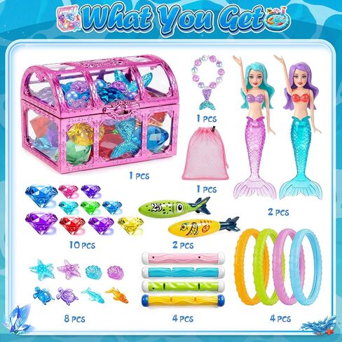 DISHIO Kids Diving Pool Toys Set with Treasure Chest, Sinking Swim Rings Sticks Sharks & Mermaid, Underwater Swimming Games Competition Toys with Bracelet Reward for Boys Girls Summer Toys in Kuwait
