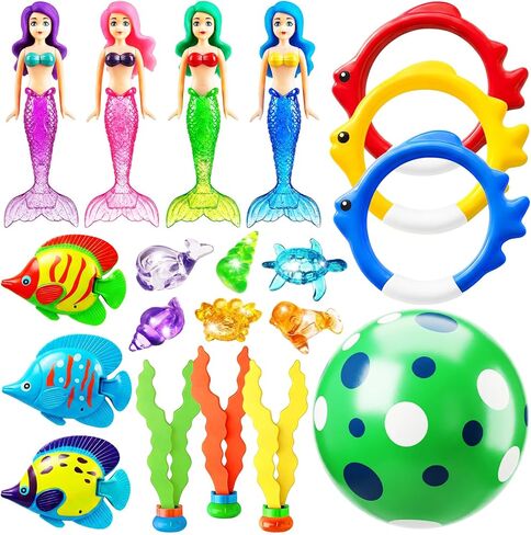 Jasonwell Pool Diving Toys Games - 20PCS Swimming Mermaid Pool Toys with Dive Rings Gems Beach Ball Underwater Treasures Seaweeds Fish Swim Toy etc Bath Water Toy Training Gifts for Kids Adult in Saudi Arabia