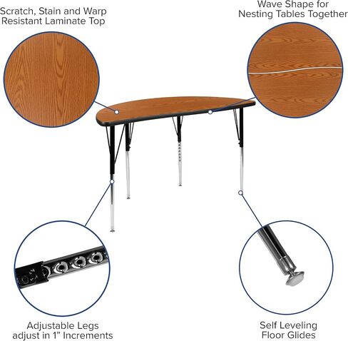 BizChair 47.5" Half Circle Wave Flexible Collaborative Oak Adjustable Height Activity Table in Kuwait