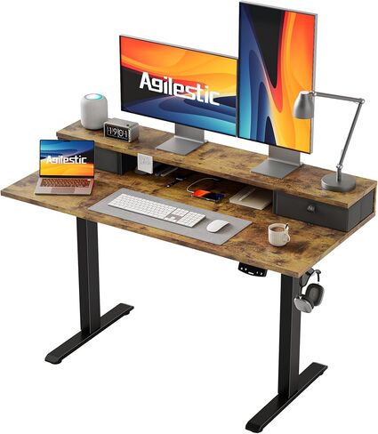 Agilestic 48 x 24 Inches Electric Standing Desk with 2 Storage Drawers, Adjustable Height Sit and Stand Computer Table with Splice Board, Rustic Brown in Kuwait
