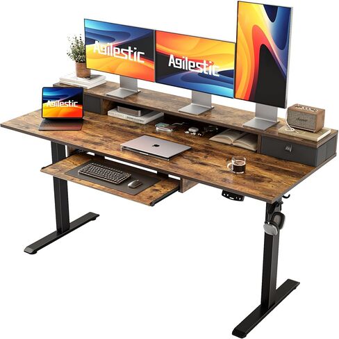 Agilestic 48 x 24 Inches Electric Standing Desk with 2 Storage Drawers, Adjustable Height Sit and Stand Computer Table with Splice Board, Rustic Brown in Kuwait